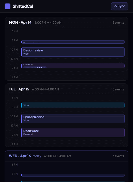 ShiftedCal timeline showing events spanning midnight