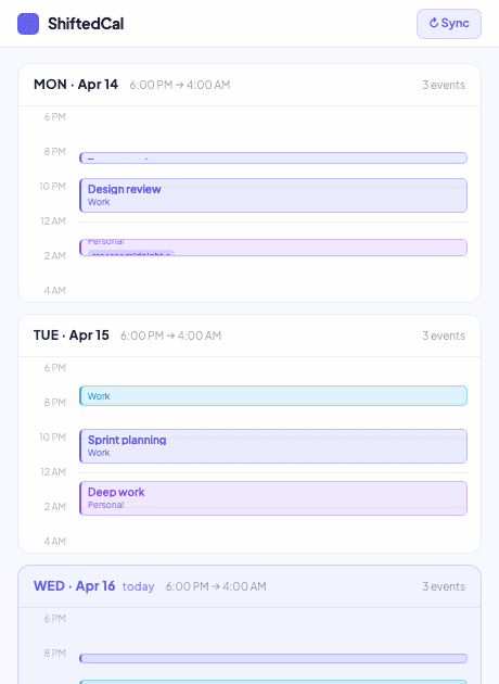 ShiftedCal timeline showing events spanning midnight